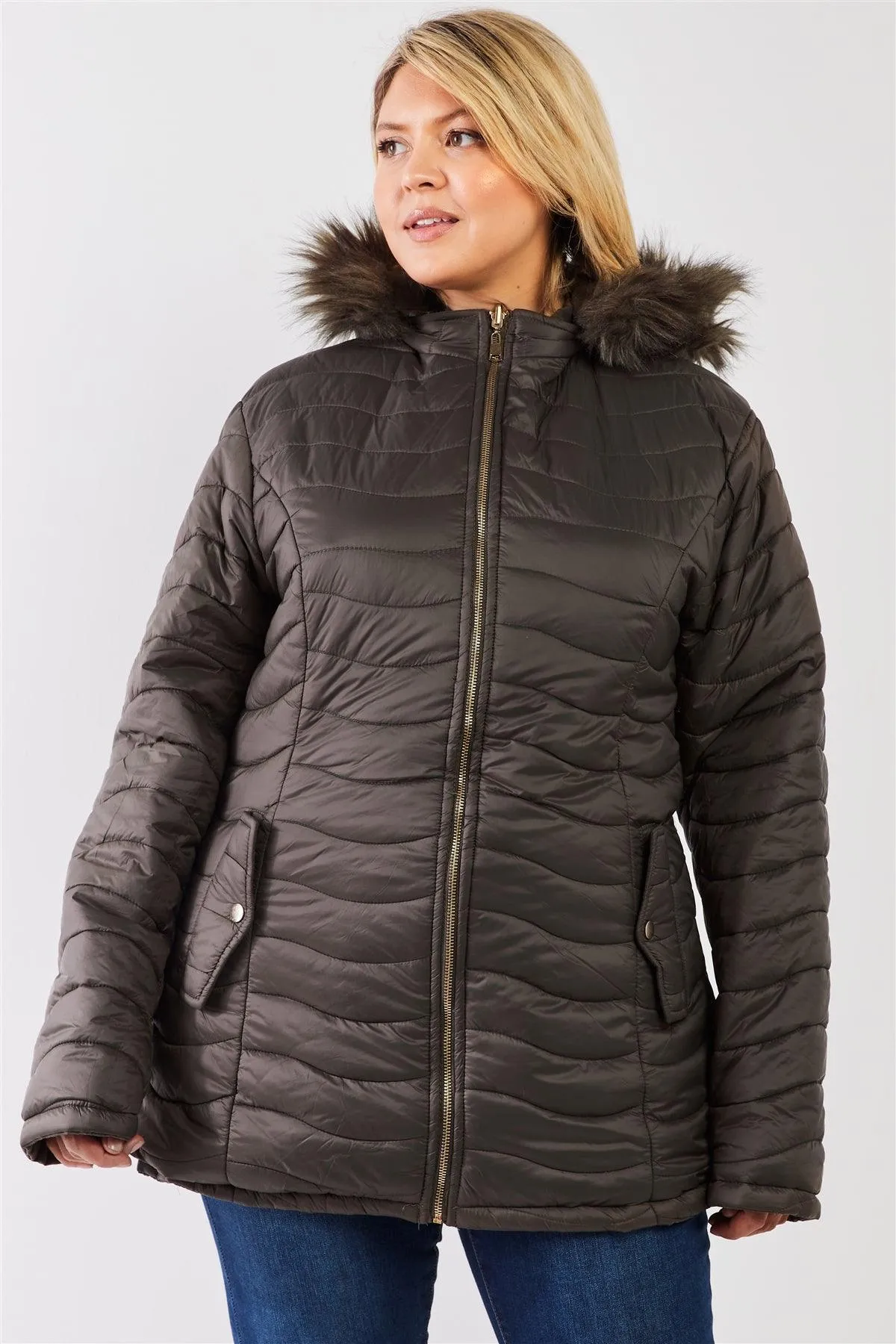 Junior Plus Size Reversible Olive Dyed Vegan Fur Double-Sided Cotton Twill Parka & Puffer Jacket /1-1-1-1