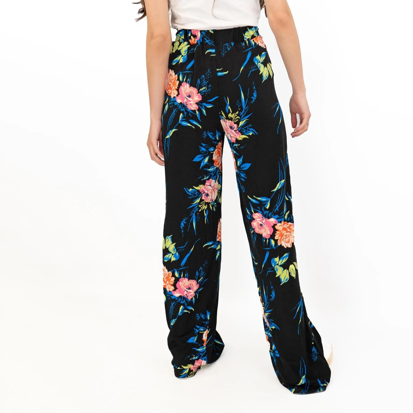 Karen Millen Black Floral Print Relaxed Fit Full Length Wide Leg Trousers