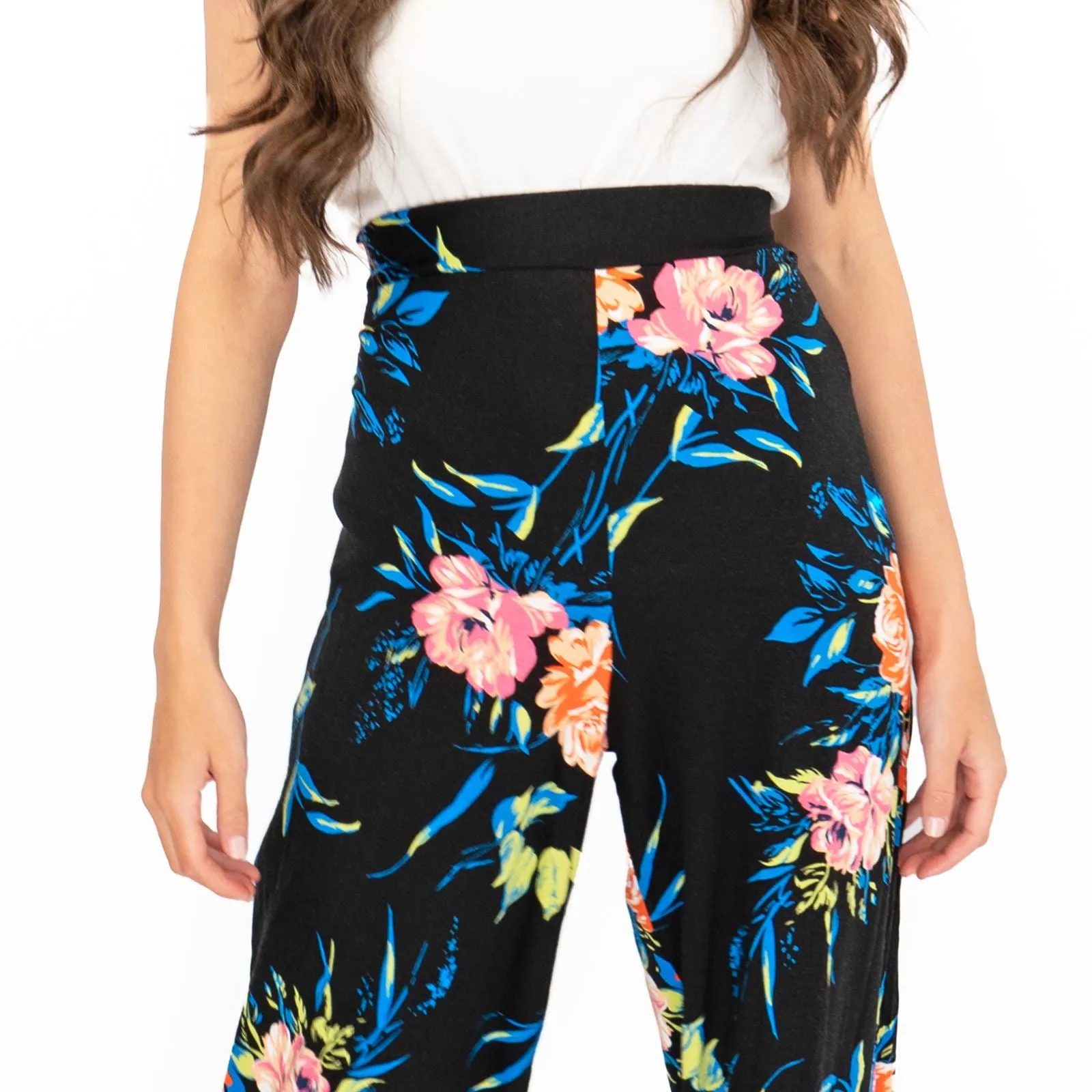 Karen Millen Black Floral Print Relaxed Fit Full Length Wide Leg Trousers