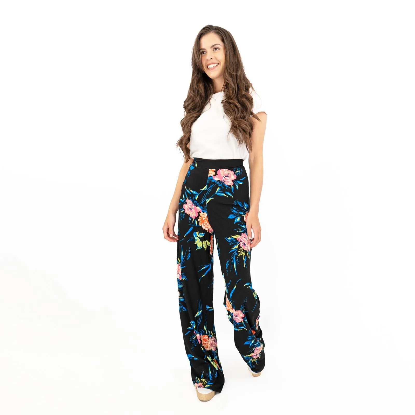 Karen Millen Black Floral Print Relaxed Fit Full Length Wide Leg Trousers