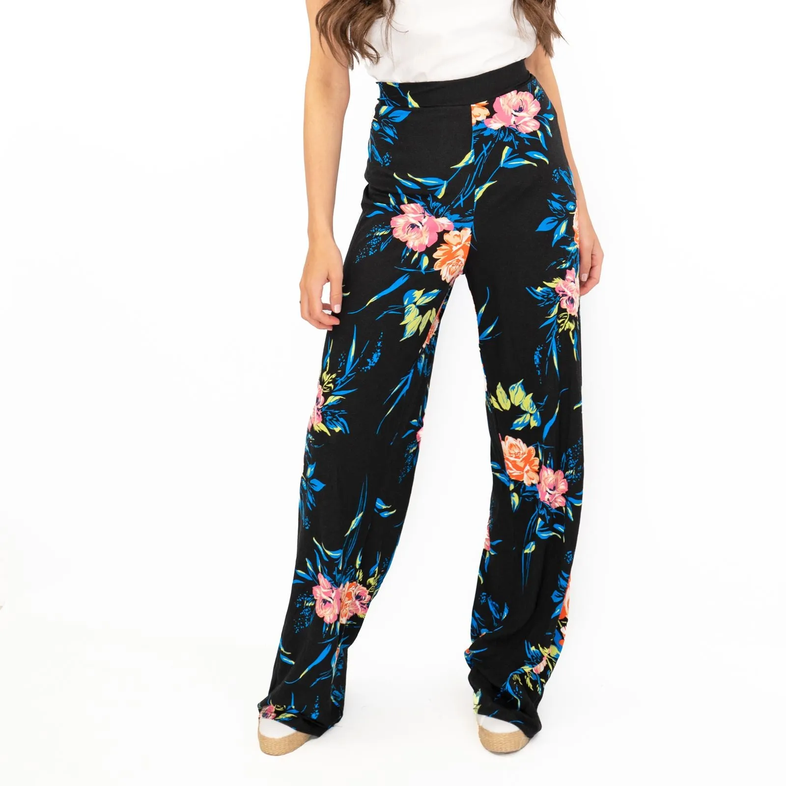 Karen Millen Black Floral Print Relaxed Fit Full Length Wide Leg Trousers