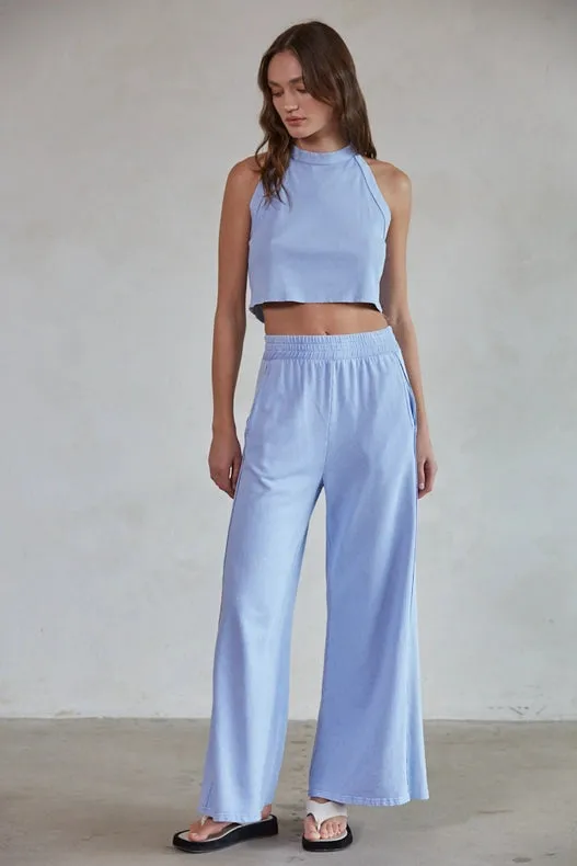 Knit Cotton Garment Dye Wide Leg Pants Periwinkle