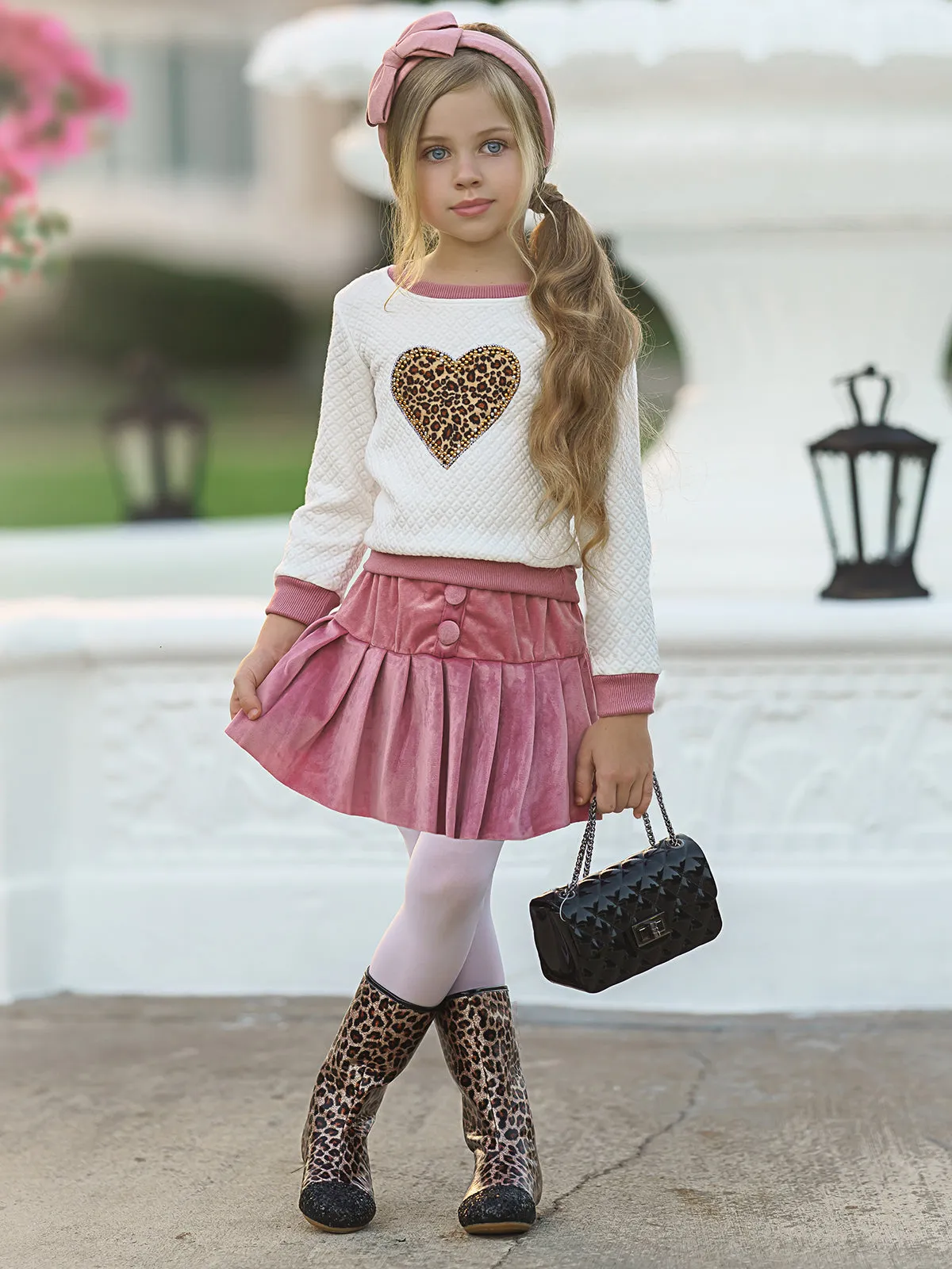 Leopard Heart Pleated Skirt Set