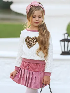 Leopard Heart Pleated Skirt Set