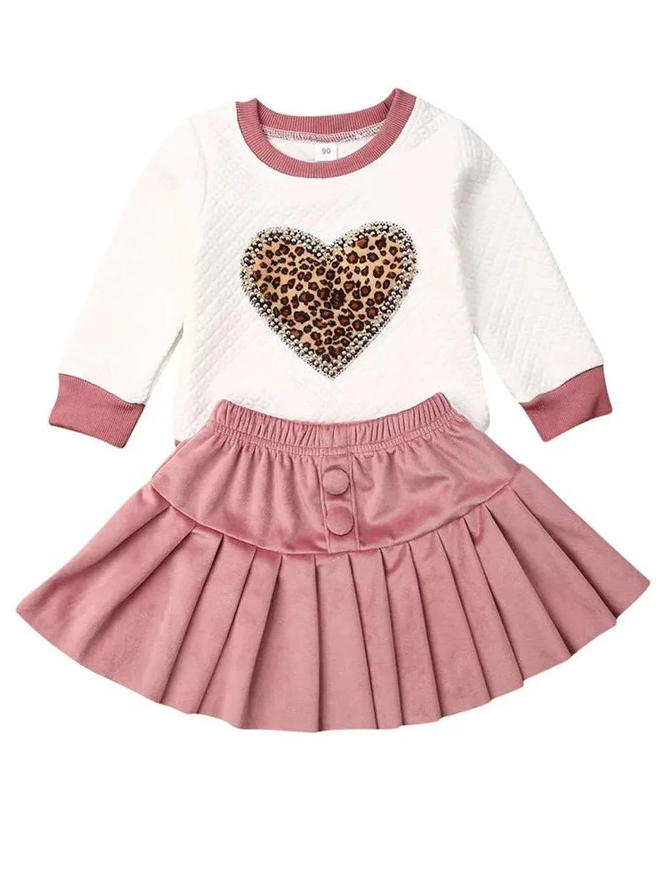 Leopard Heart Pleated Skirt Set