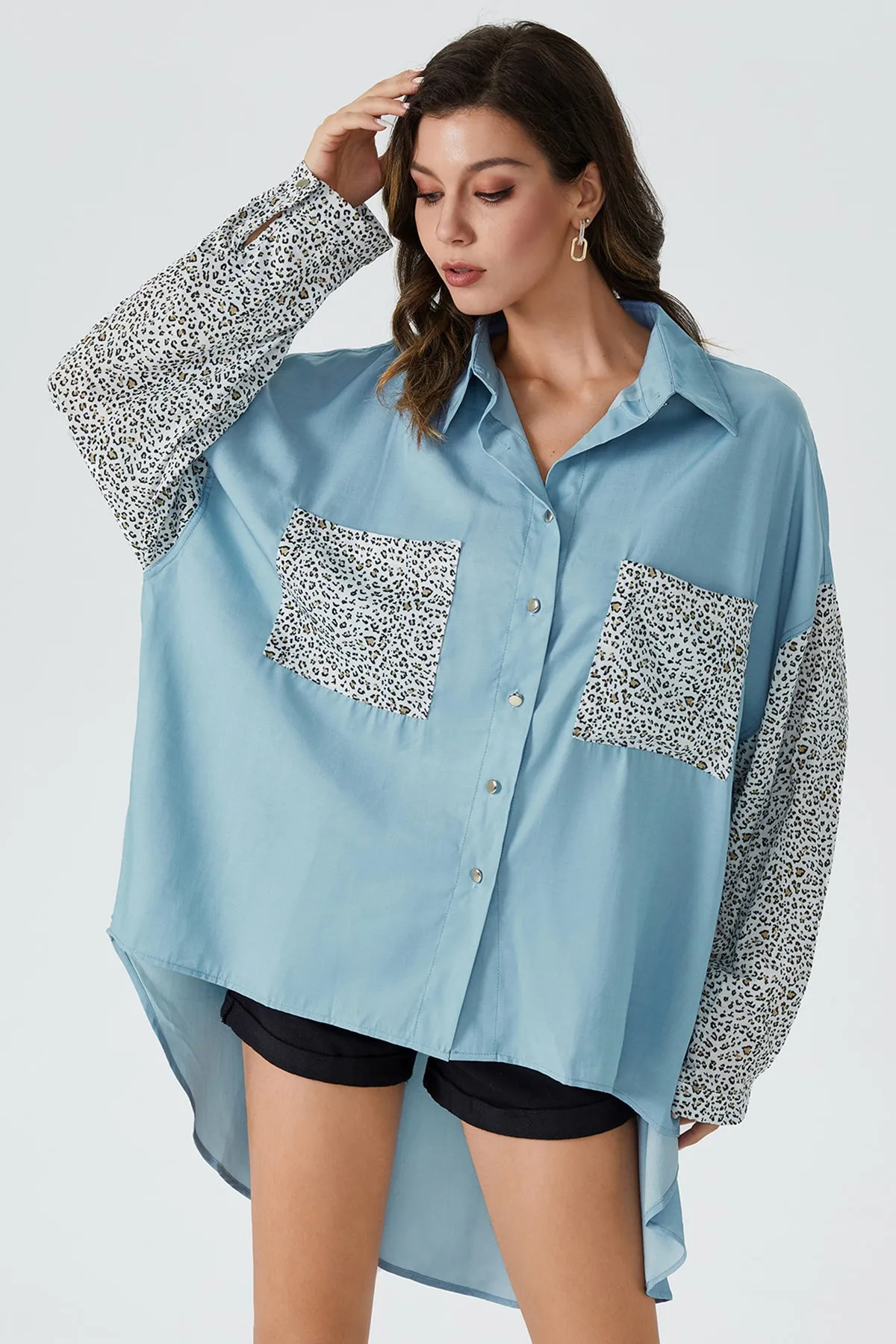 Leopard Print High Low Plicated Denim Shirt