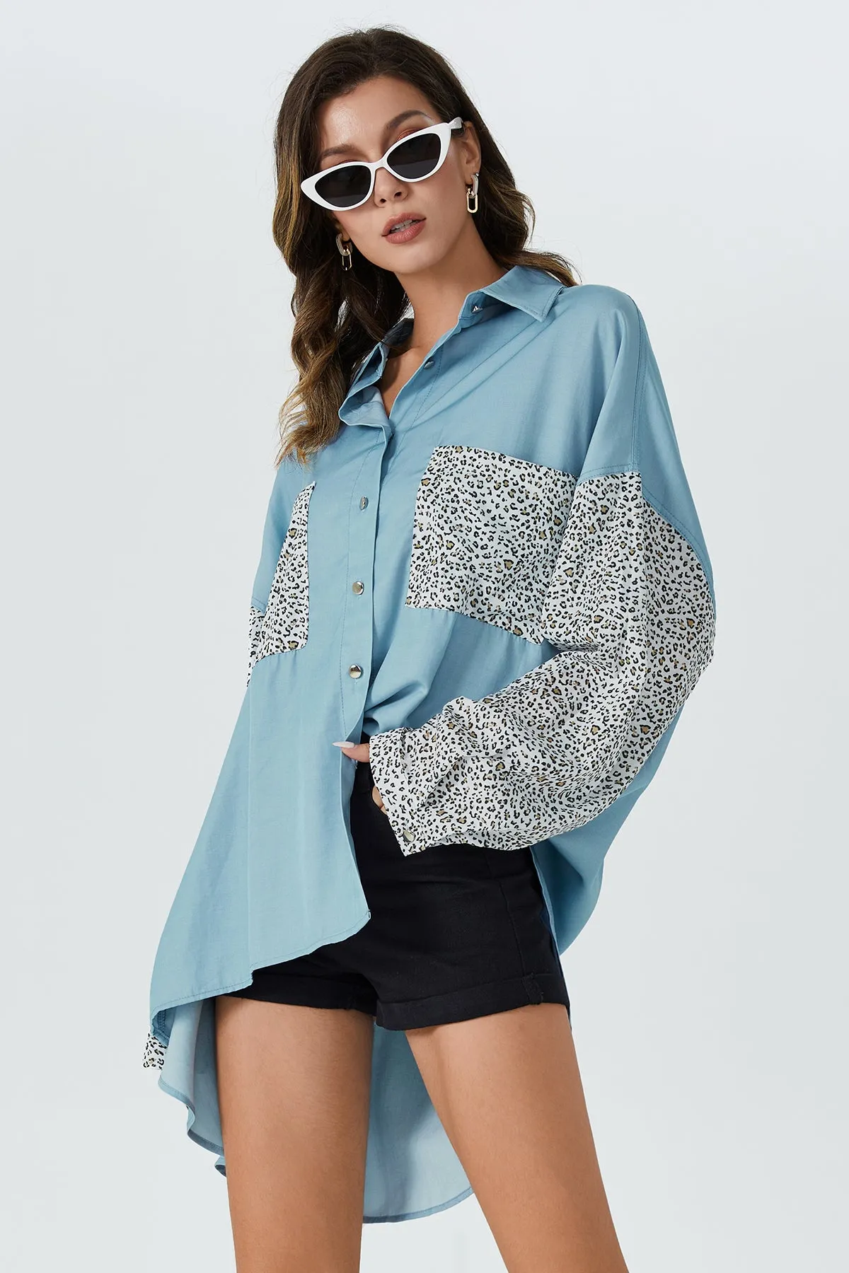 Leopard Print High Low Plicated Denim Shirt