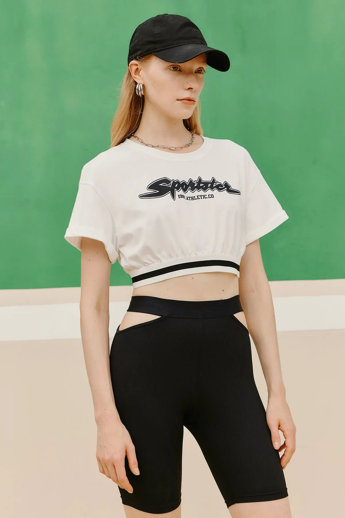 Letter Print Striped Crop Tee