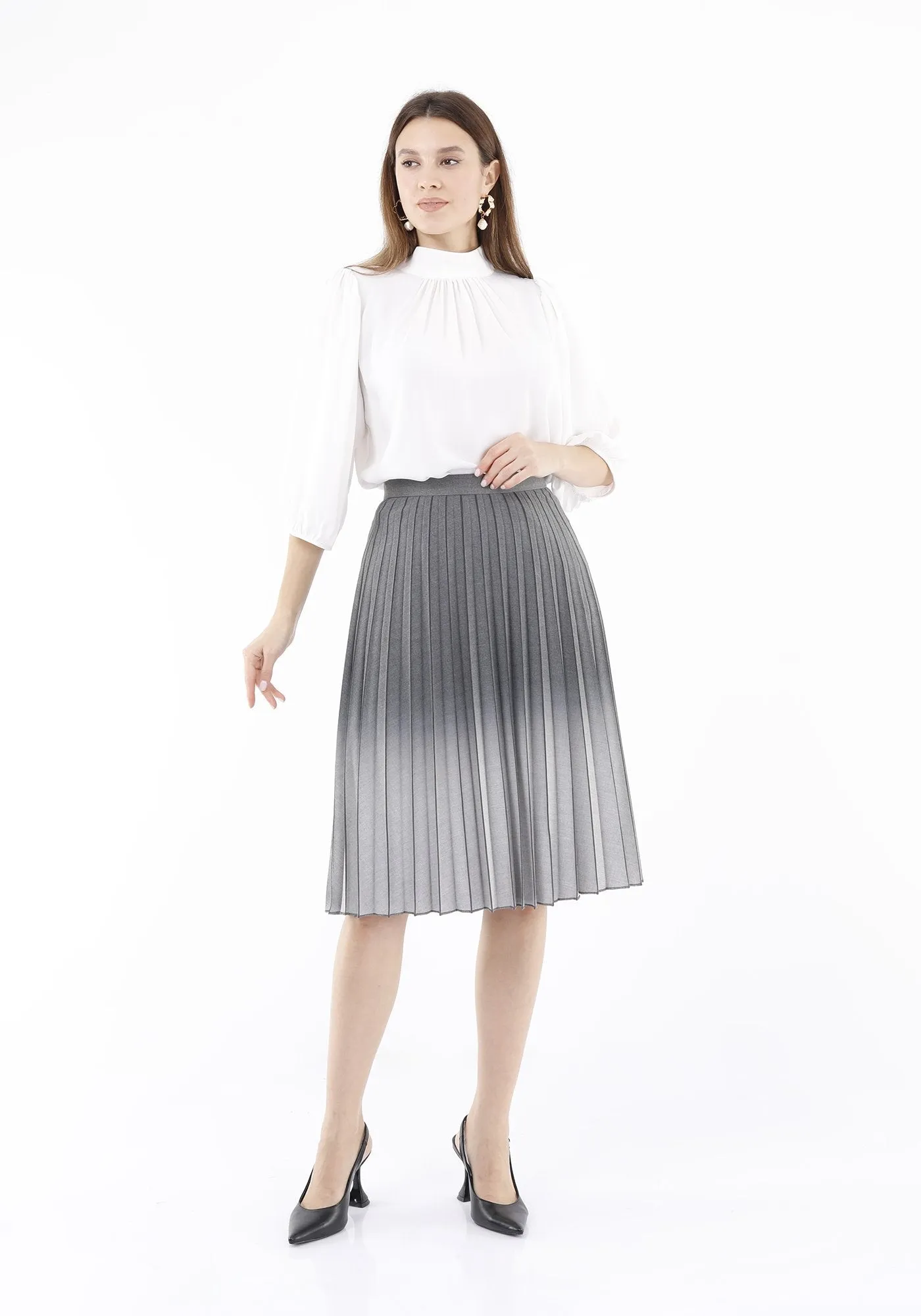 Light Grey High Waist Plisse Pleated Midi Skirt