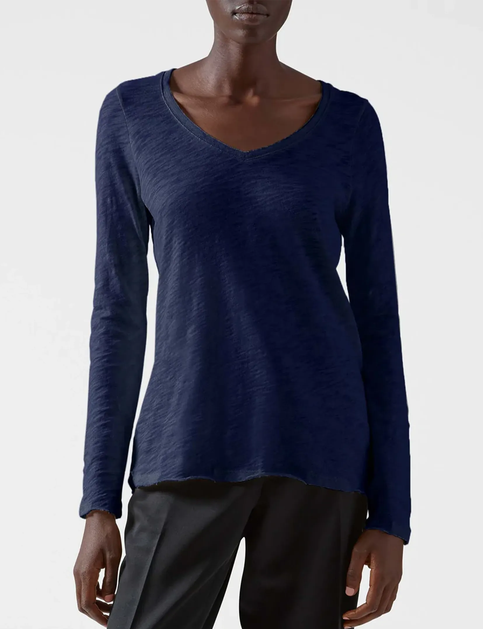 Long Sleeve V Neck Slub, Midnight