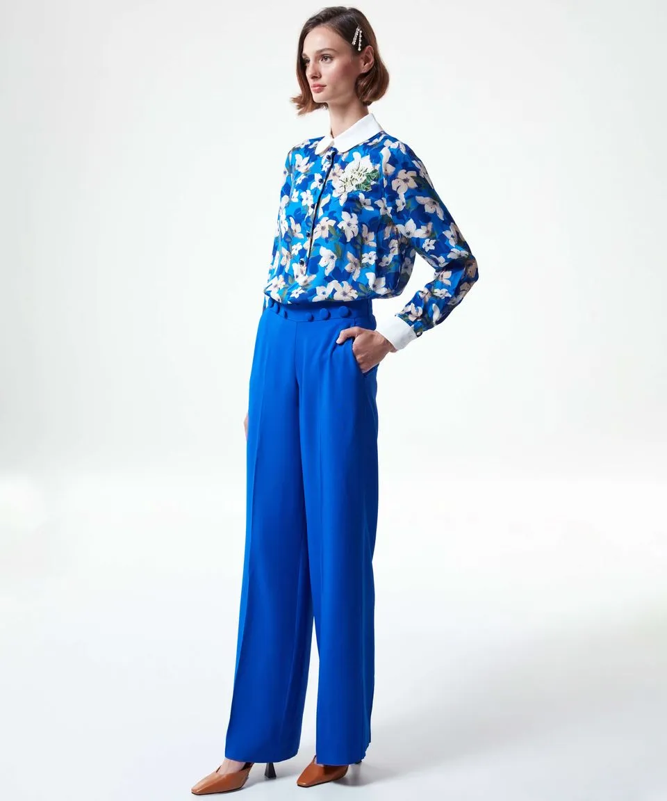 Machka Buttoned Waist Crepe Solid Trouser Sax