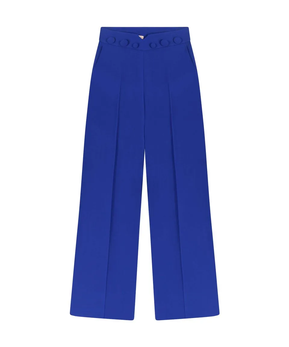 Machka Buttoned Waist Crepe Solid Trouser Sax