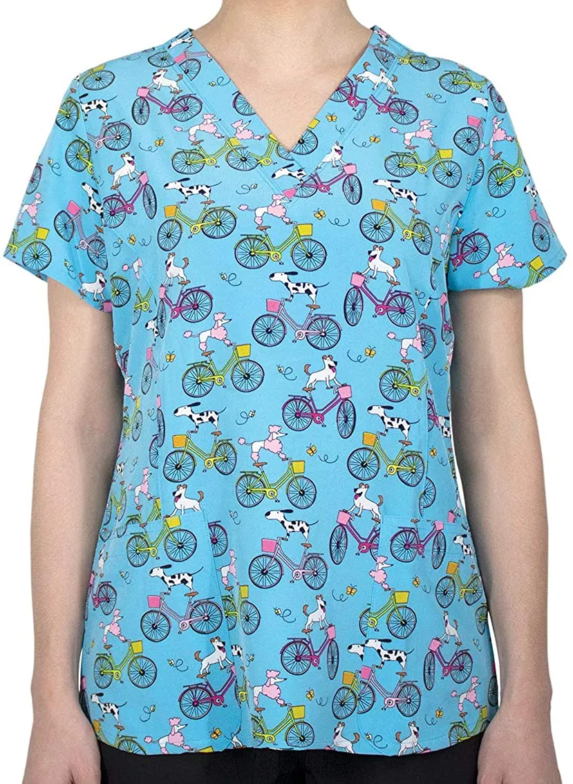 Maevn 1767 PSR Pawsome Ride Printed V-Neck Scrub Top <br> Sizes XS to XL