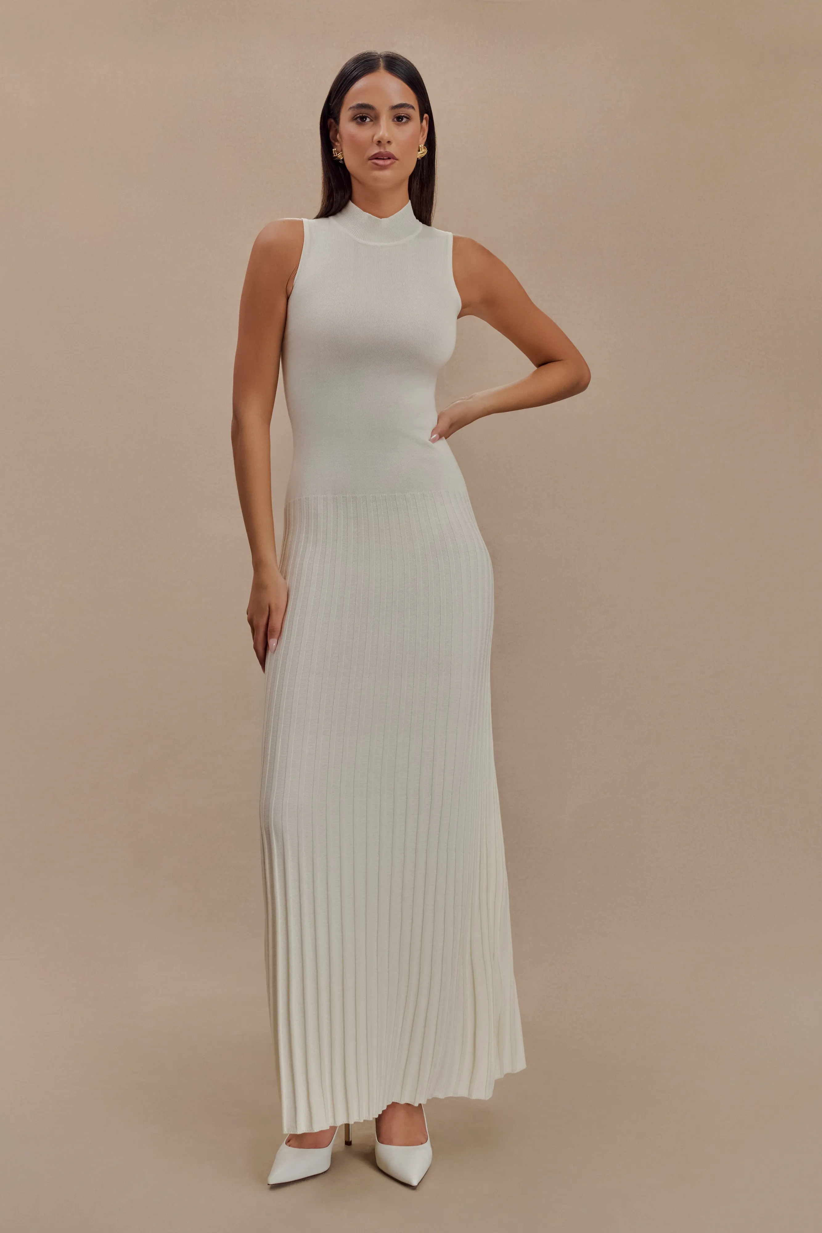 Mavis High Neck Pleated Maxi Dress - Ivory