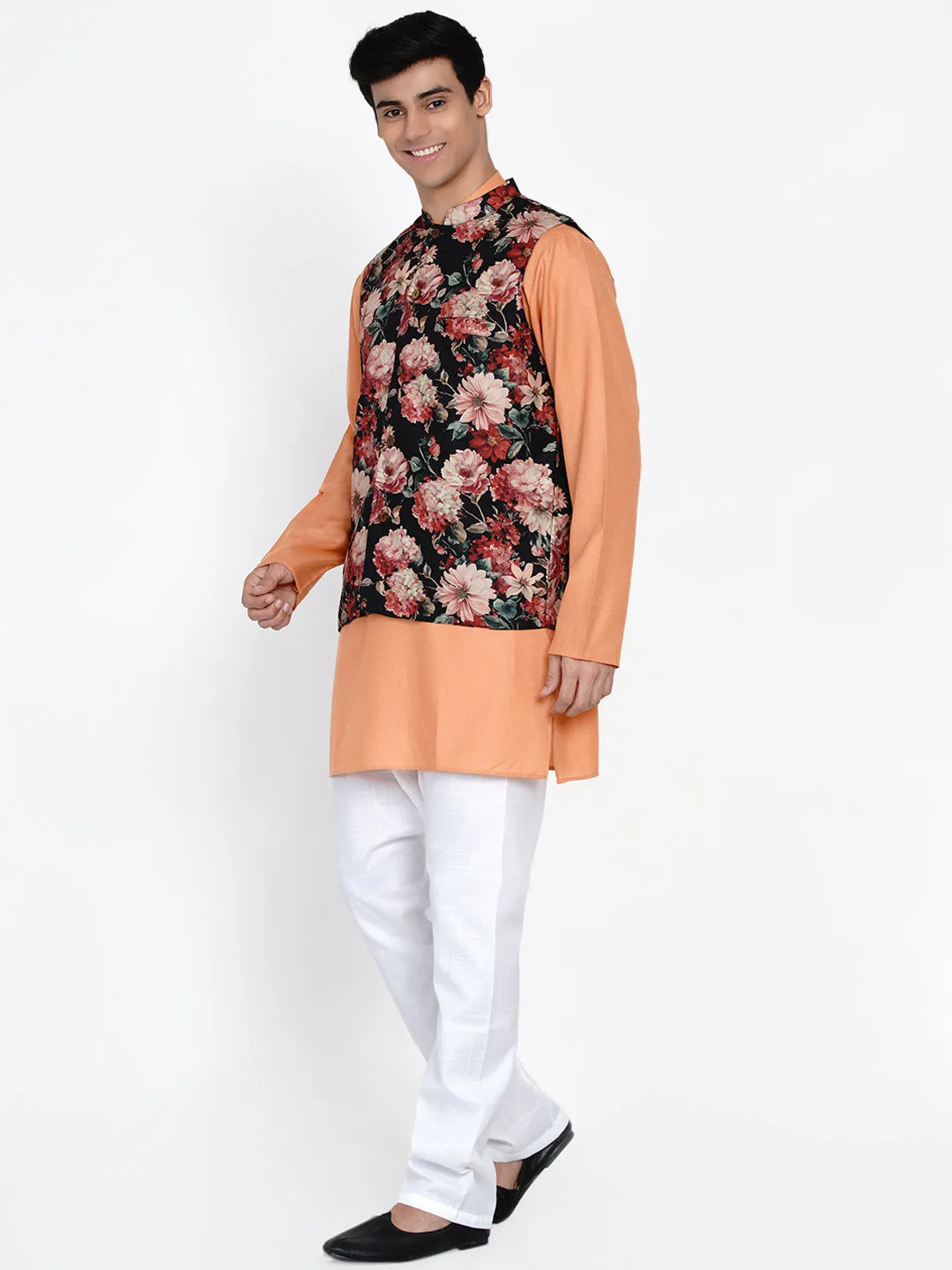 Men Peach-Coloured & White Floral Regular Kurta with Trousers & Waistcoat