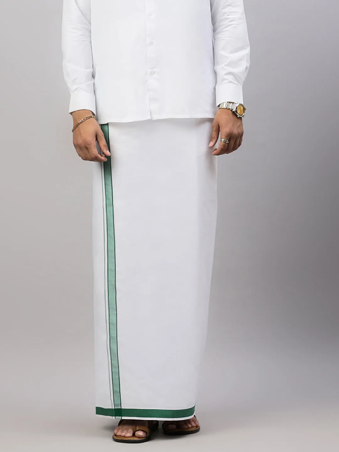 Men White Shirt with Green Fancy Border Dhoti Combo WP01