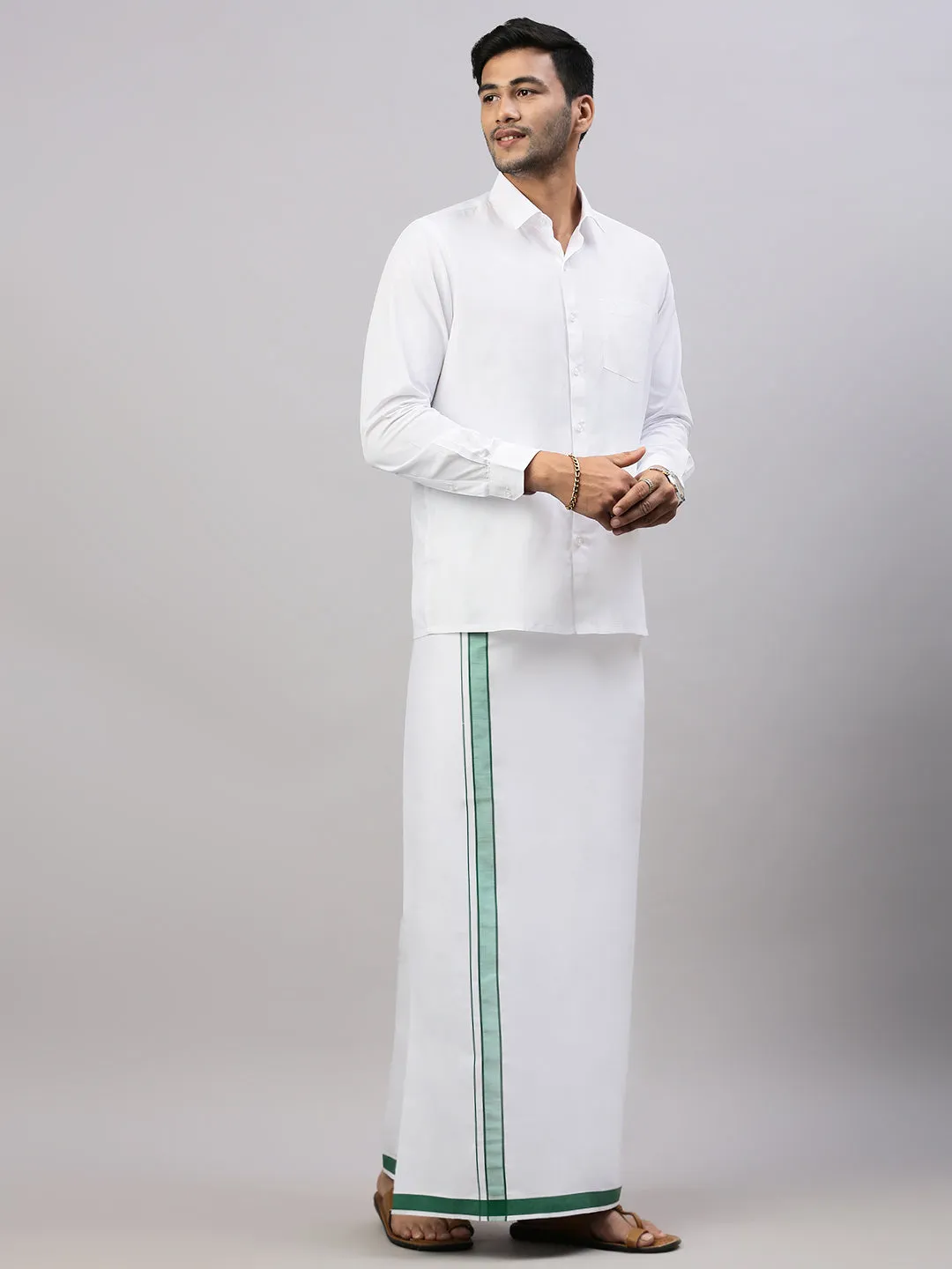 Men White Shirt with Green Fancy Border Dhoti Combo WP01