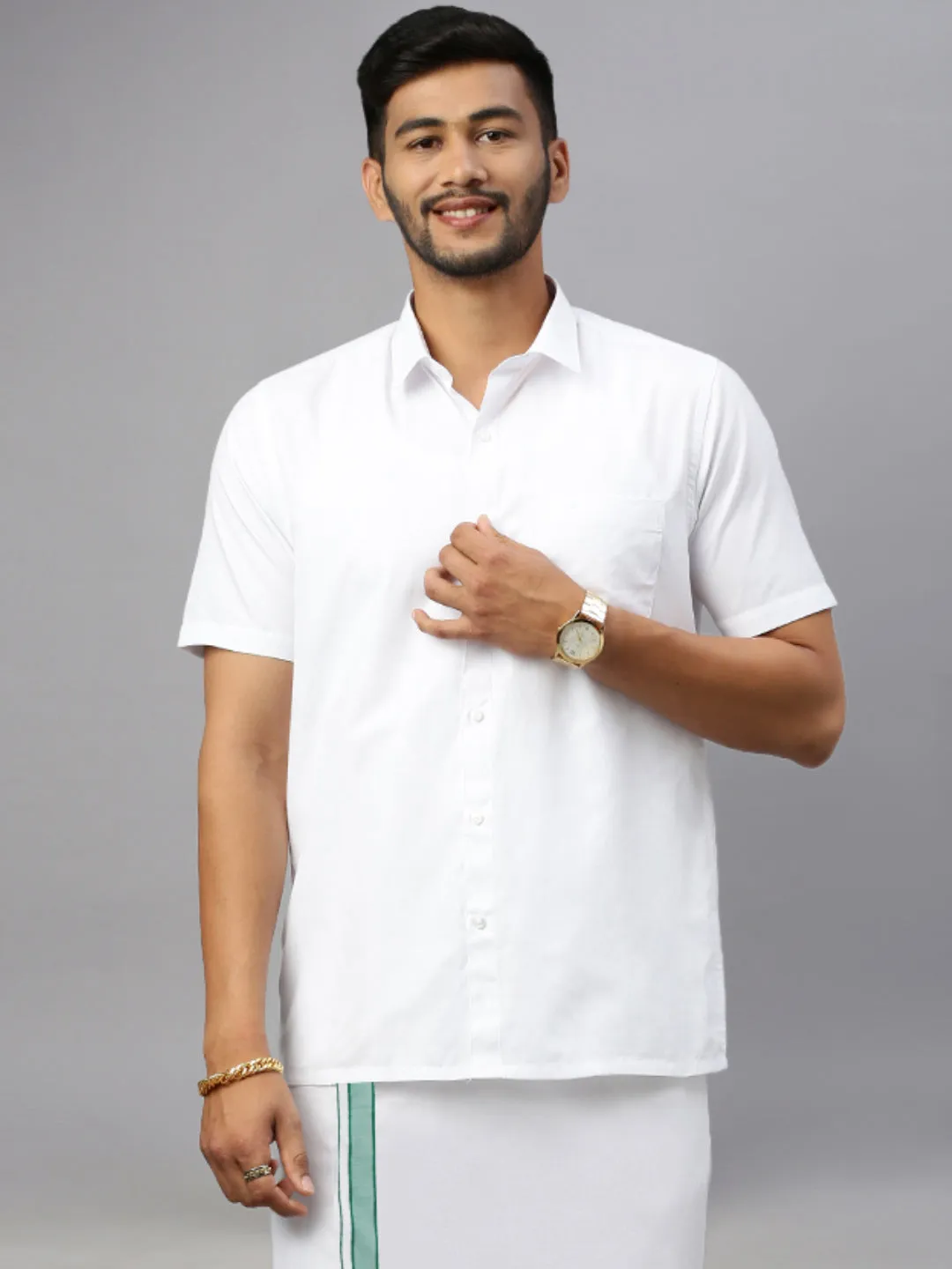 Men White Shirt with Green Fancy Border Dhoti Combo WP01