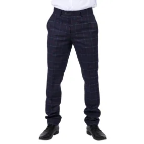 Mens Classic Trousers Tweed Check Retro 1920s Gatsby Blinders Blue Navy Wedding