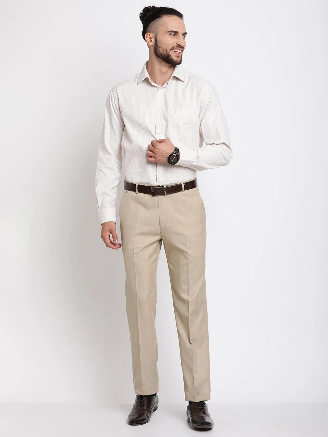 Men's Formal Flat front Fawn Checks Trousers