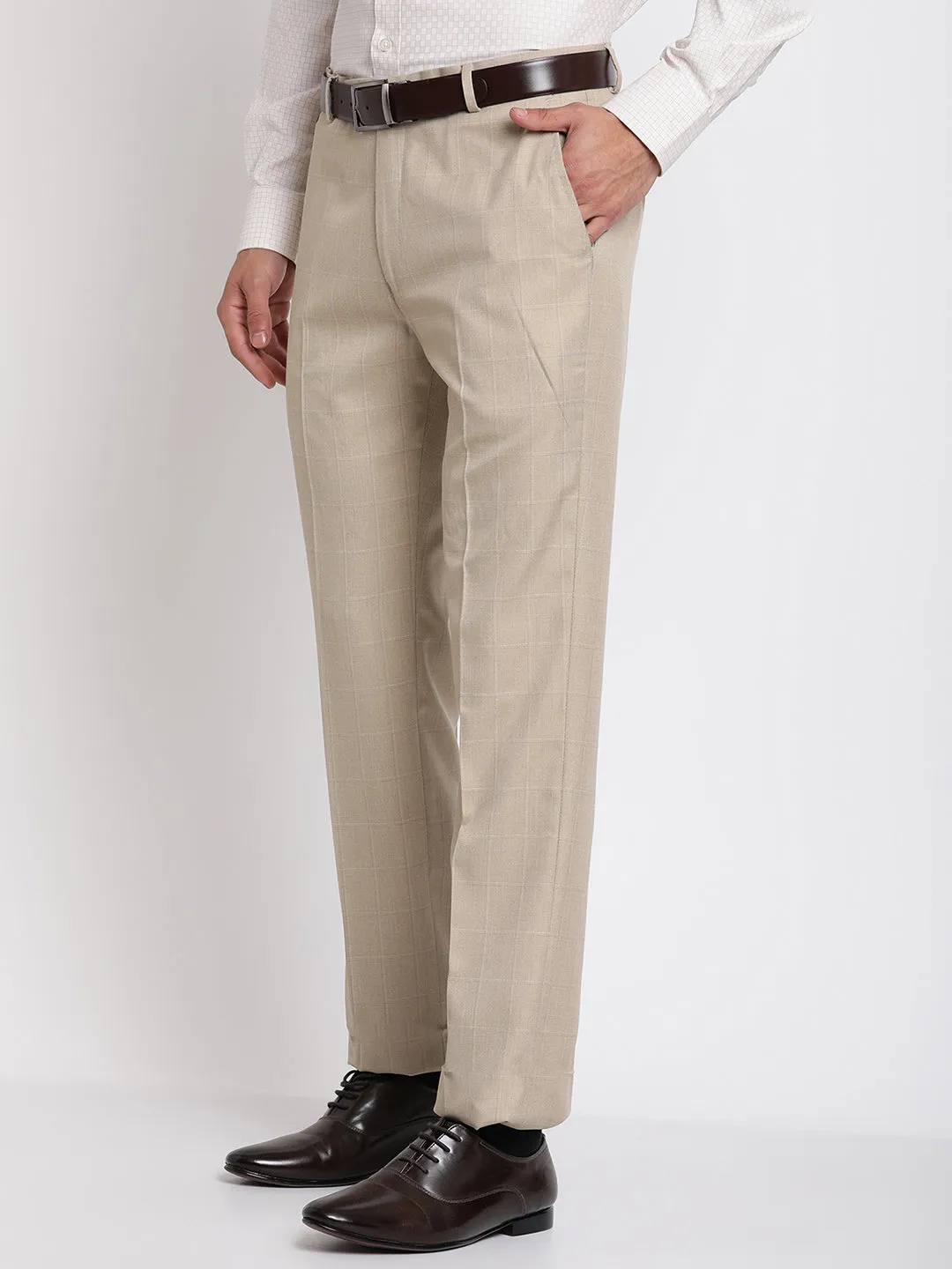 Men's Formal Flat front Fawn Checks Trousers