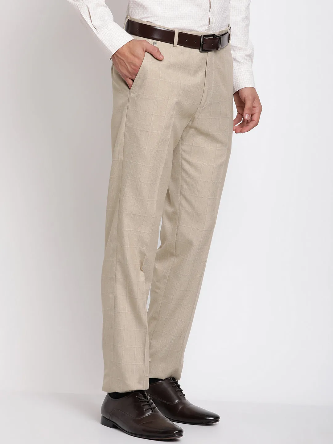 Men's Formal Flat front Fawn Checks Trousers