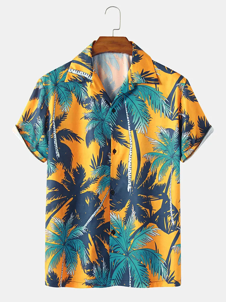 Men's Holiday Coconut Tree Print Short Sleeve Shirt Hawaiian Beach Simple Cardigan