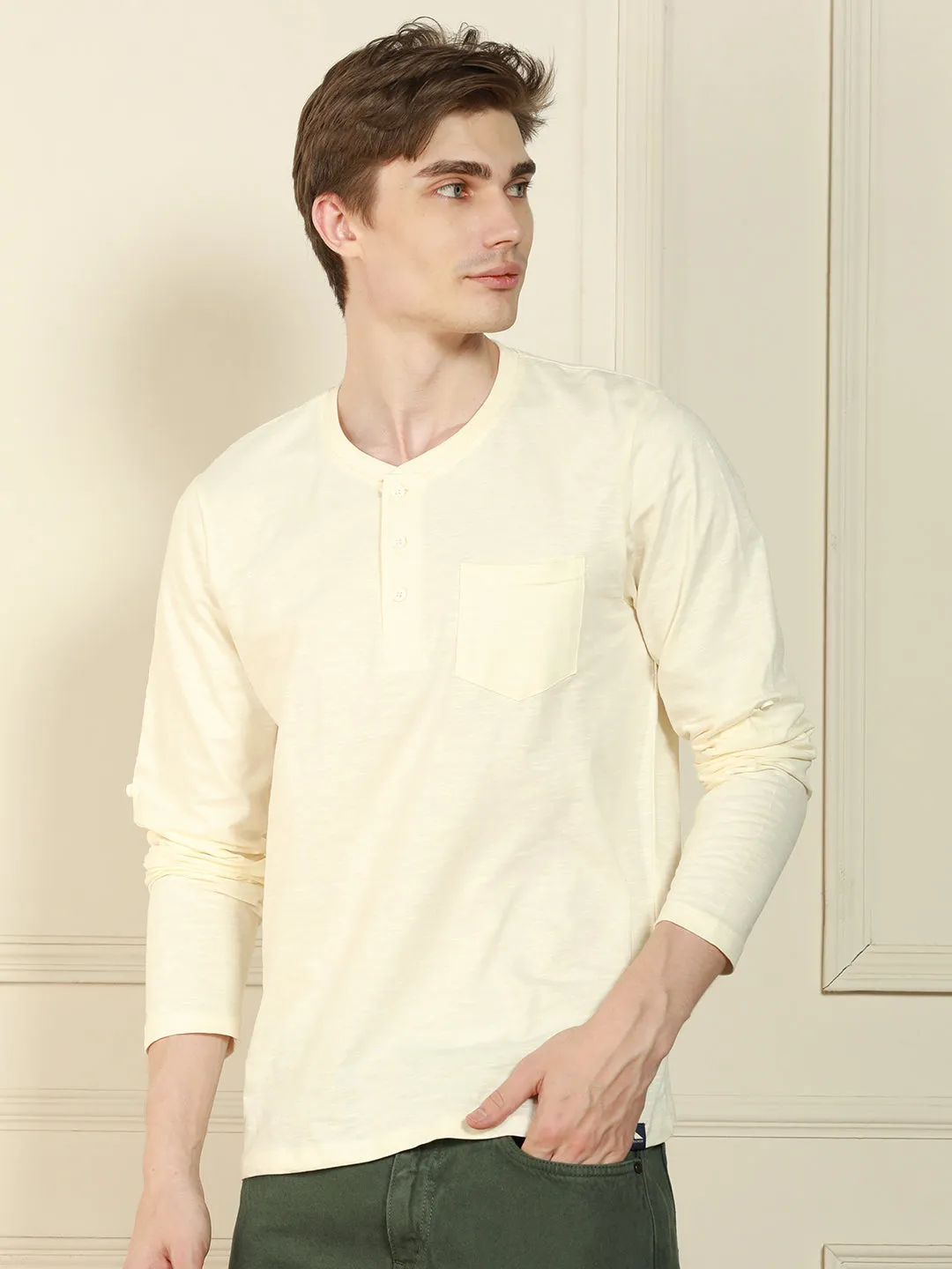 Men's Off-White Henley Neck Solid Cotton T-Shirt