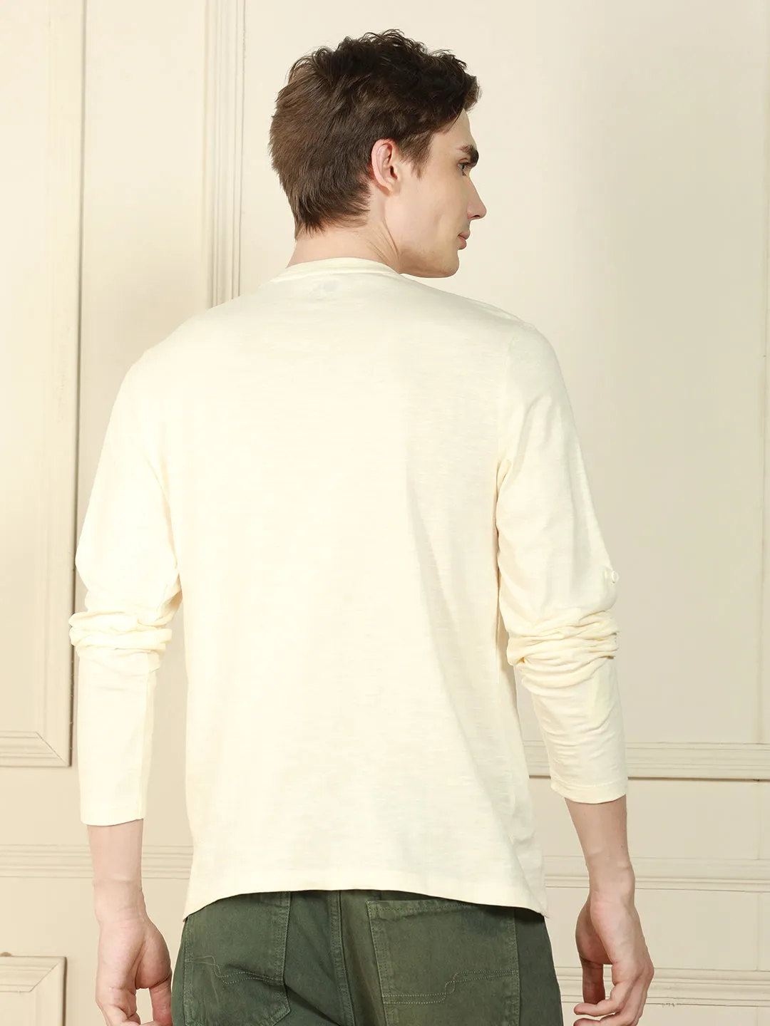 Men's Off-White Henley Neck Solid Cotton T-Shirt