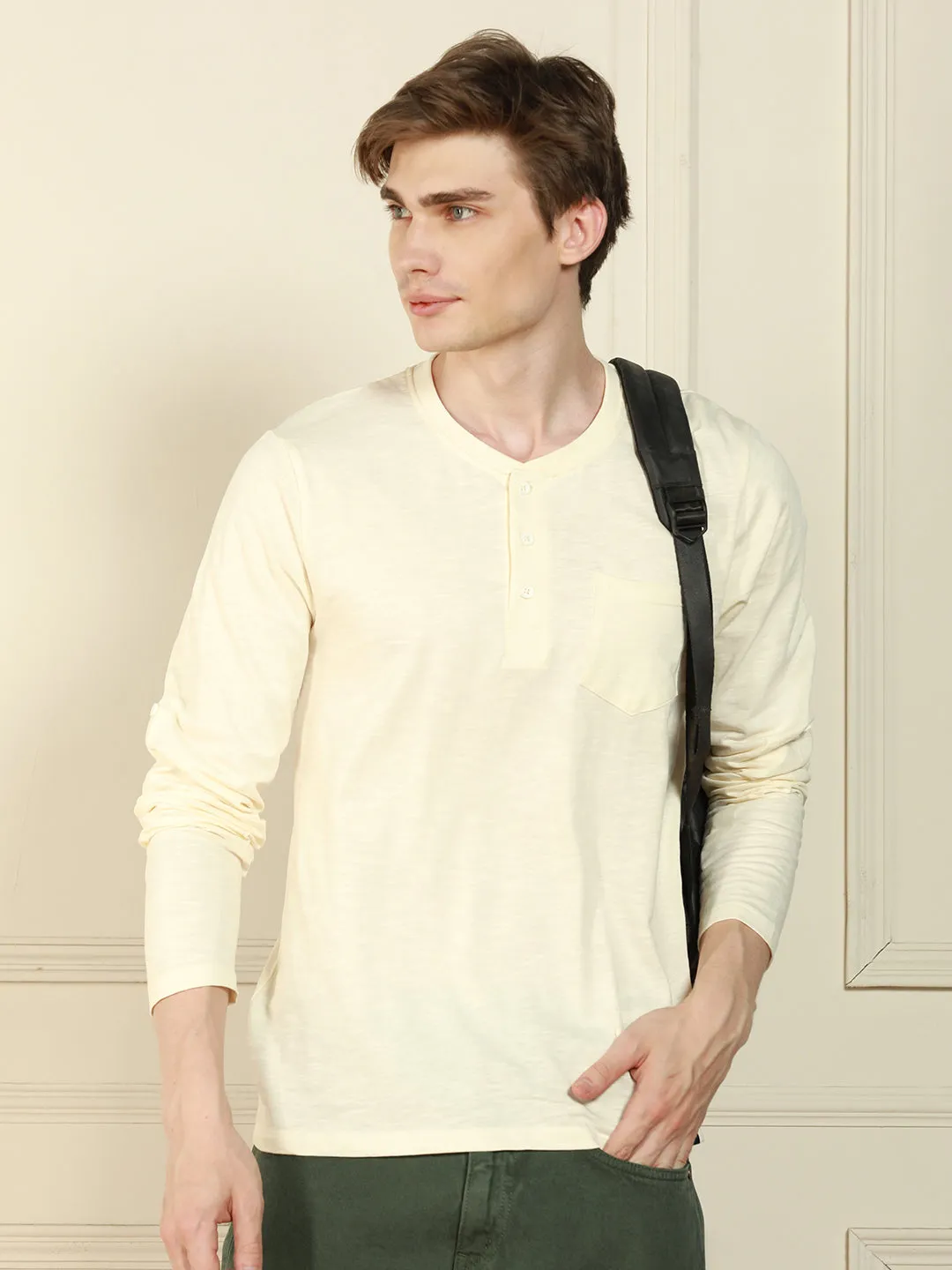 Men's Off-White Henley Neck Solid Cotton T-Shirt