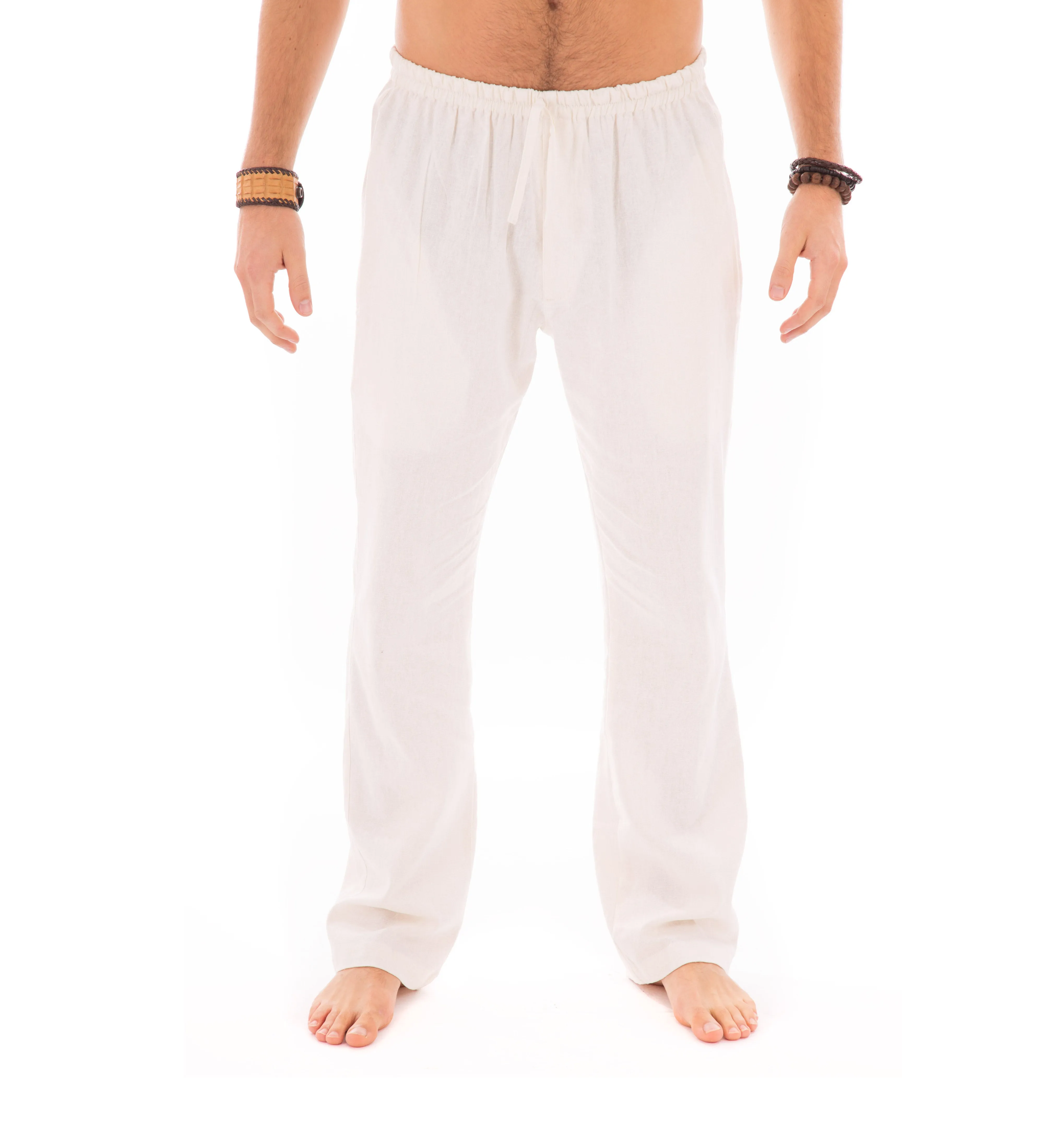 Mens Off White Trousers Cotton Yoga Casual Elasticated Draw String Waist Pockets