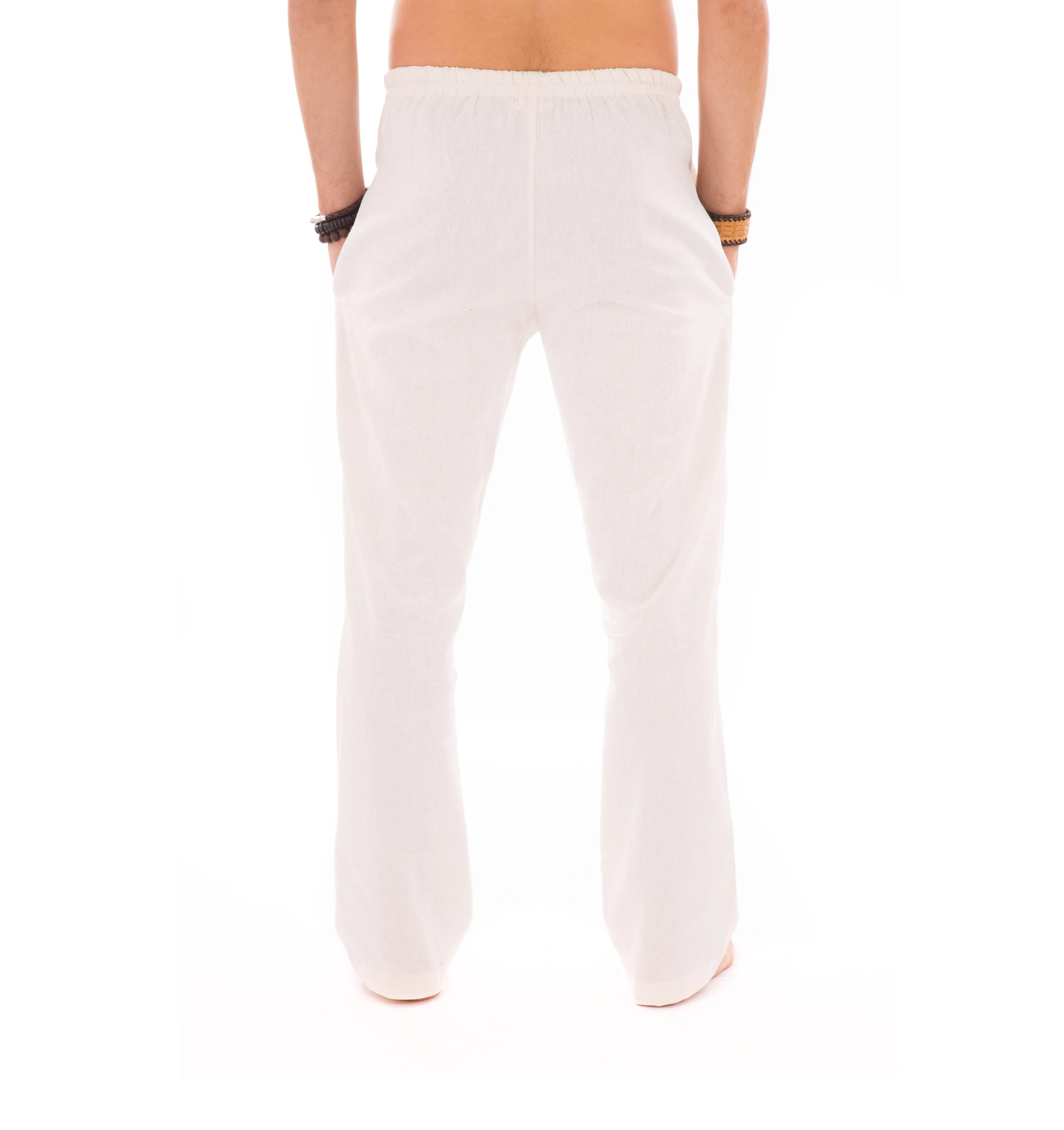 Mens Off White Trousers Cotton Yoga Casual Elasticated Draw String Waist Pockets