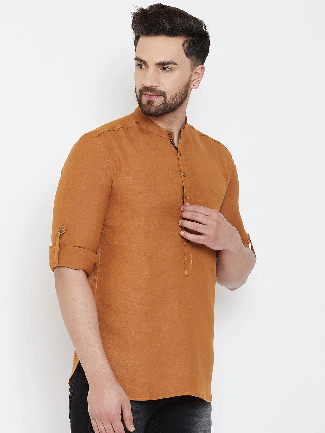 Men's Orange Linen Shirt Kurta - Even Apparels