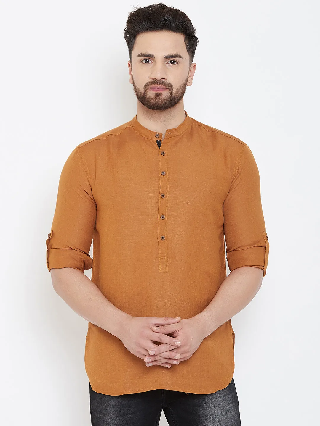 Men's Orange Linen Shirt Kurta - Even Apparels