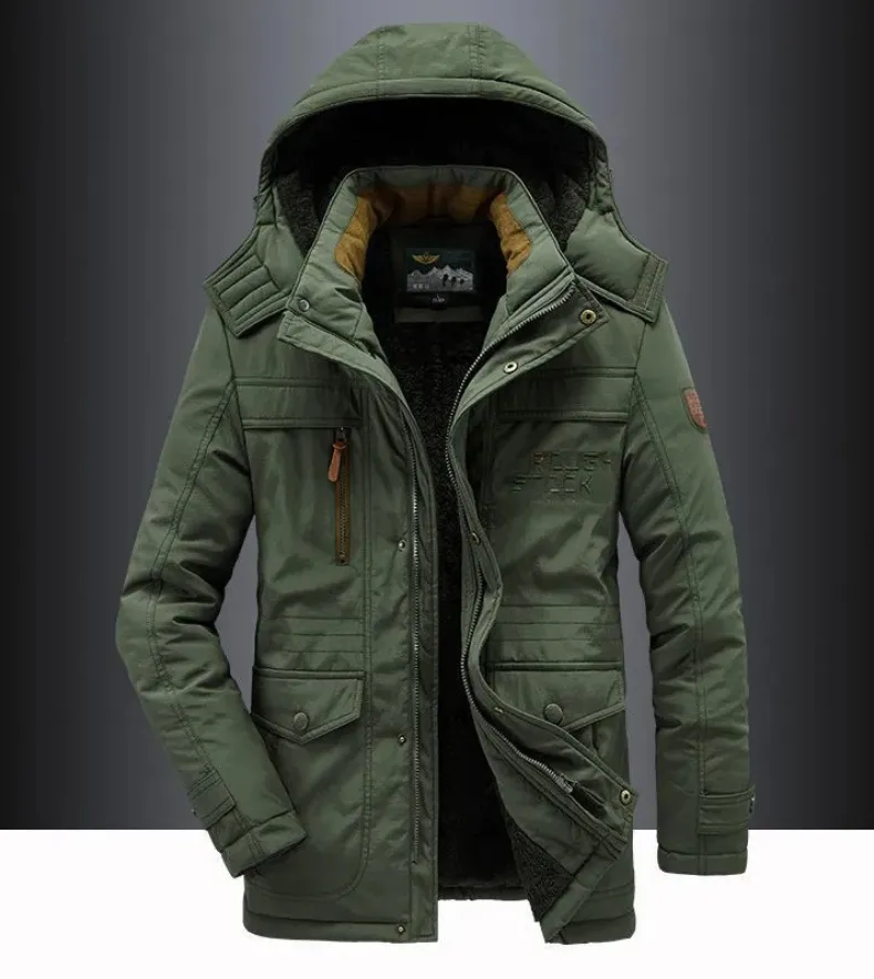 Men's parka winter jacket with fur hood and many pockets