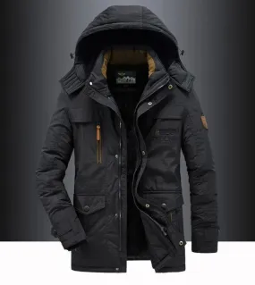 Men's parka winter jacket with fur hood and many pockets