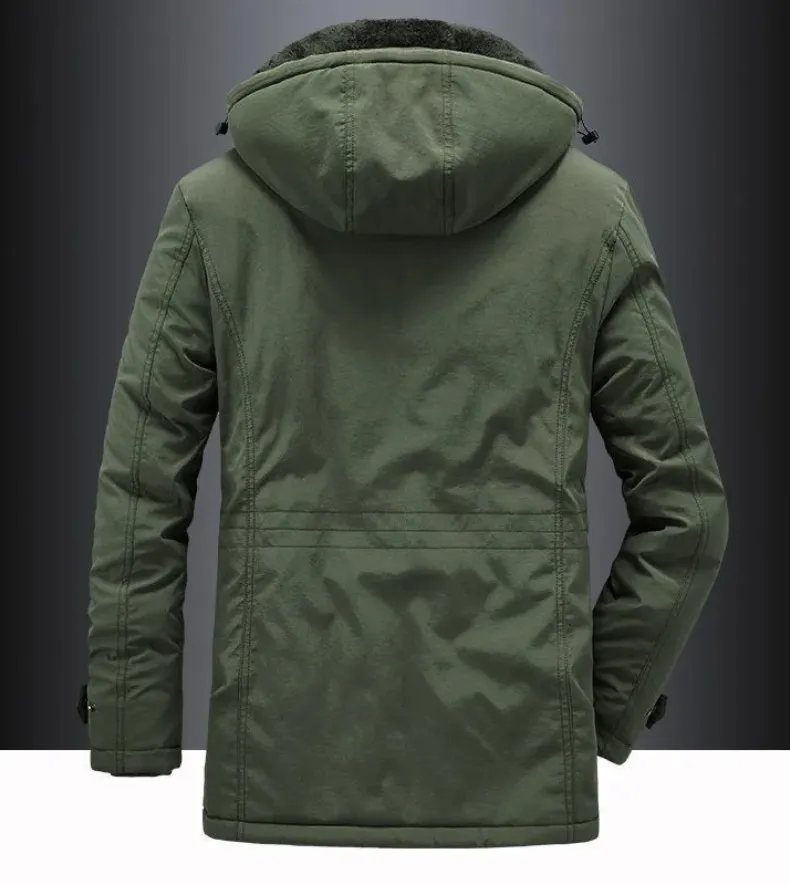 Men's parka winter jacket with fur hood and many pockets