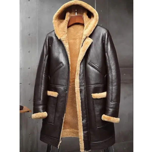 Mens RAF Hooded Shearling Fur Sheepskin Leather Long Jacket Winter Coats