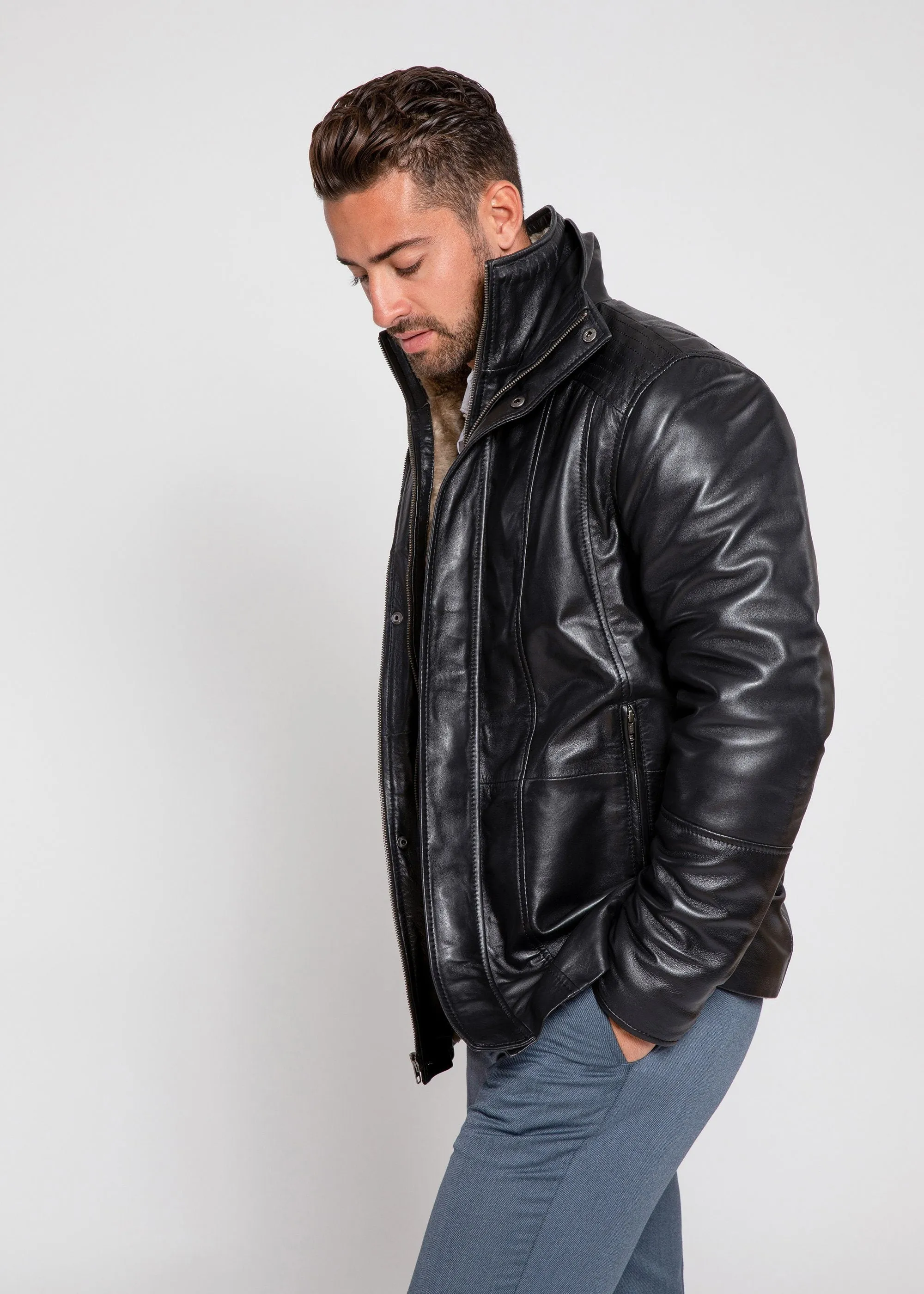 Men's Tiberius Premium Lambskin Leather Coat with Fur