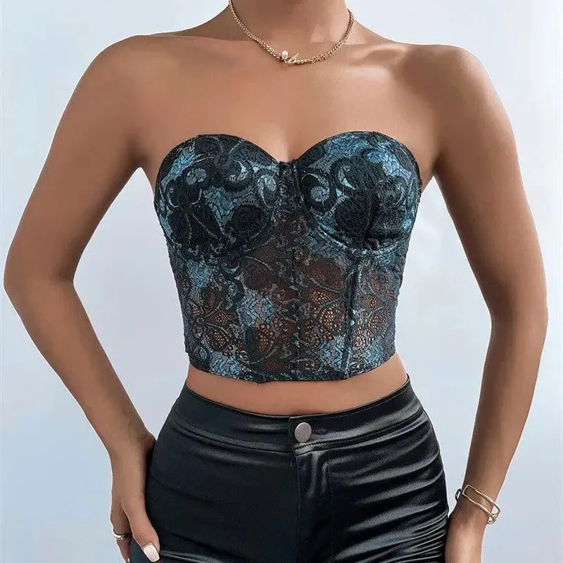 Midnight Blue Lace Mesh Corset Top