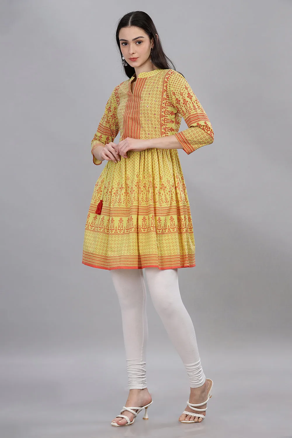 Mythri Office Wear Women's Short Kurta V Neck with 3/4th Sleeves  - Yellow - TO06