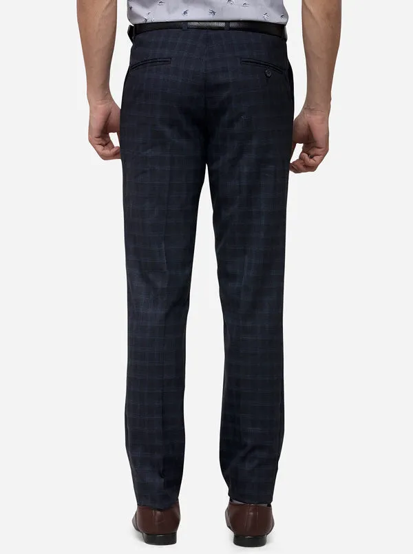 Navy Blue Super Slim Fit Checked Formal Trouser | Greenfibre