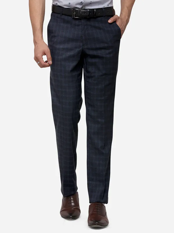 Navy Blue Super Slim Fit Checked Formal Trouser | Greenfibre