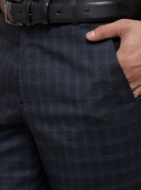 Navy Blue Super Slim Fit Checked Formal Trouser | Greenfibre