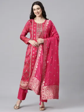 Neerus Pink Panelled Straight Kurta and Trousers With Dupatta