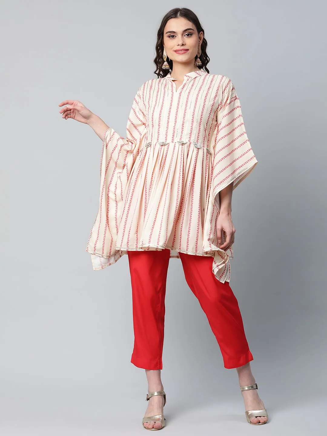 Off White Crepe Printed Kaftan Pant Set