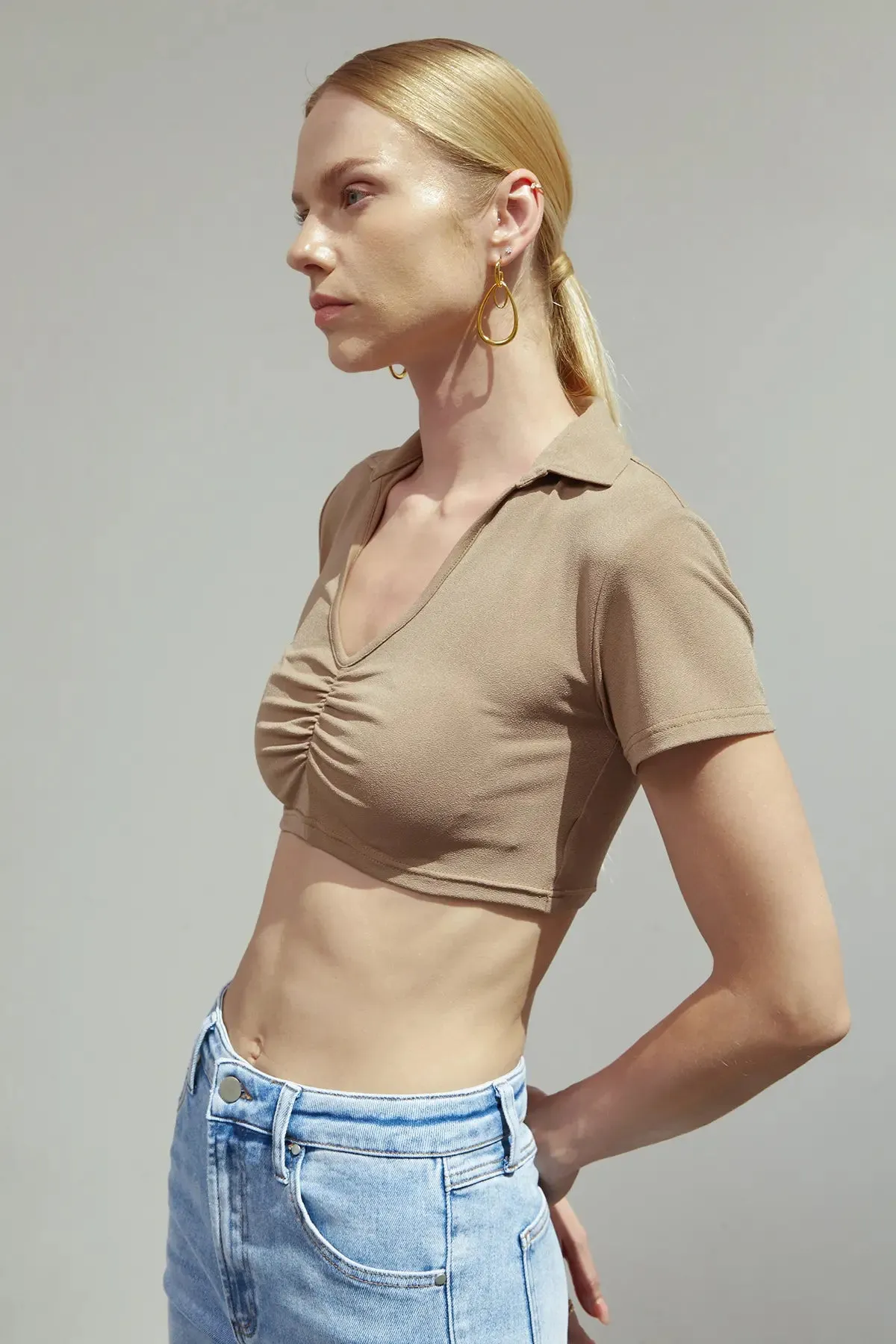 OL Ruched Collar V Neck Crop Top