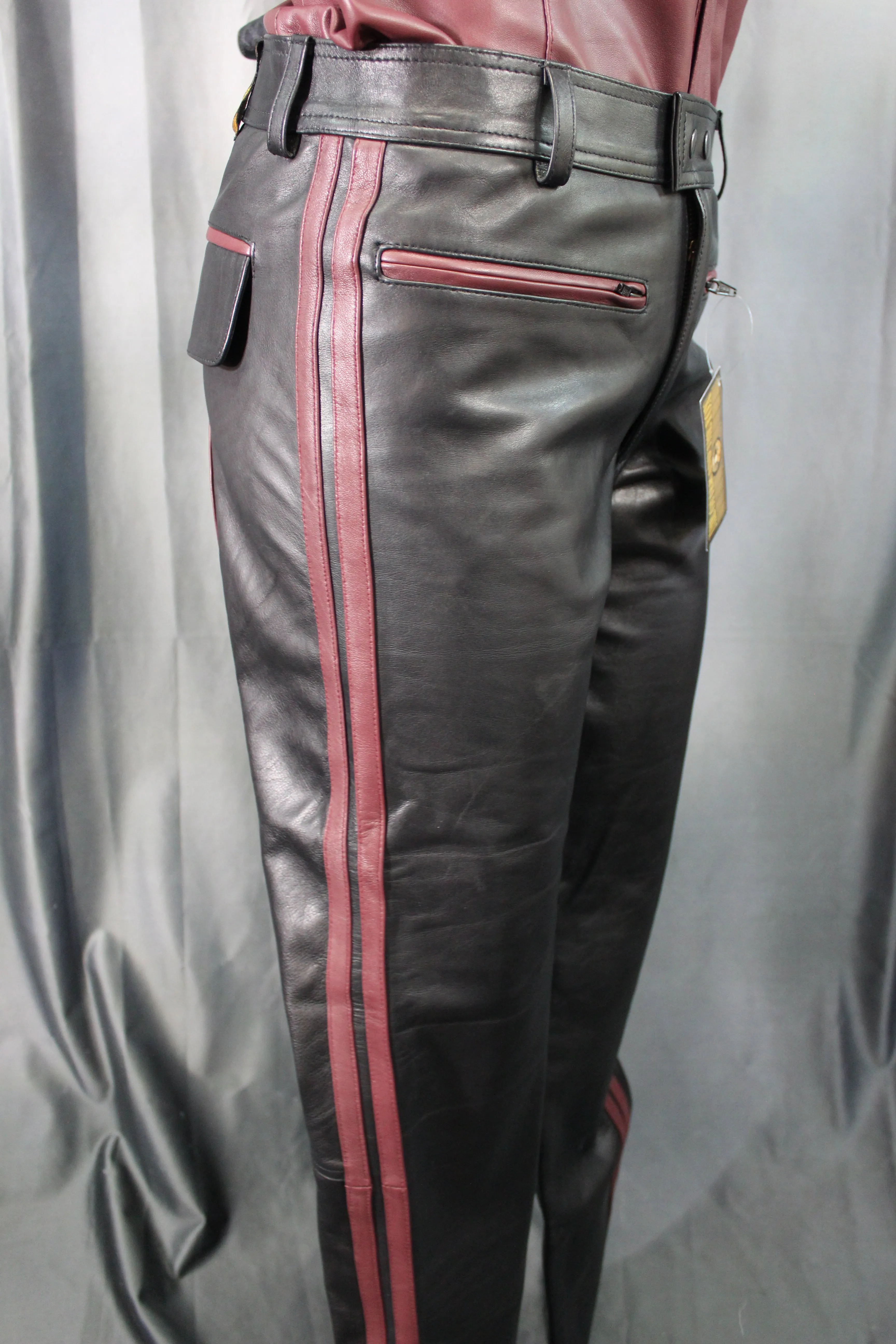 OnF Leather Formal Pants in Black with Burgundy Highlights