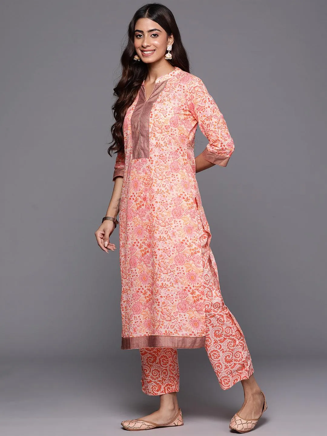 Peach Printed Cotton Straight Kurta With Trousers & Dupatta