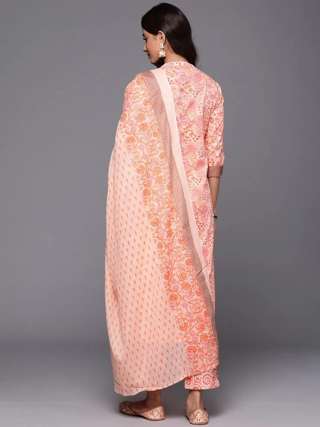 Peach Printed Cotton Straight Kurta With Trousers & Dupatta